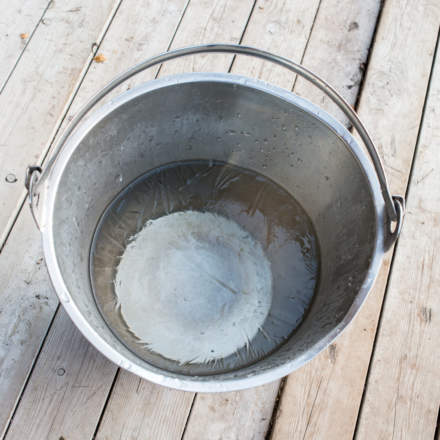 The first frost: Ice covered water in the bucket