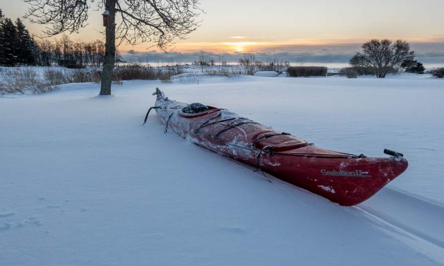 Kayak in the snowy garden