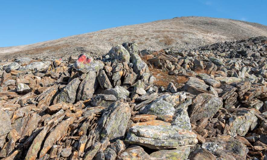 Waymarks show the path over the rocks